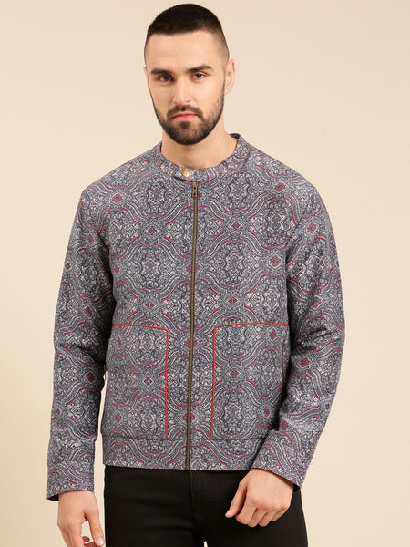 Blue Linen Bemberg Print Jacket - MMBJ021