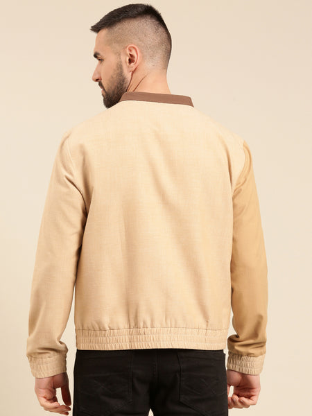 Tri Color Beige Khaki Cotton Bomber Jacket - MMBJ023
