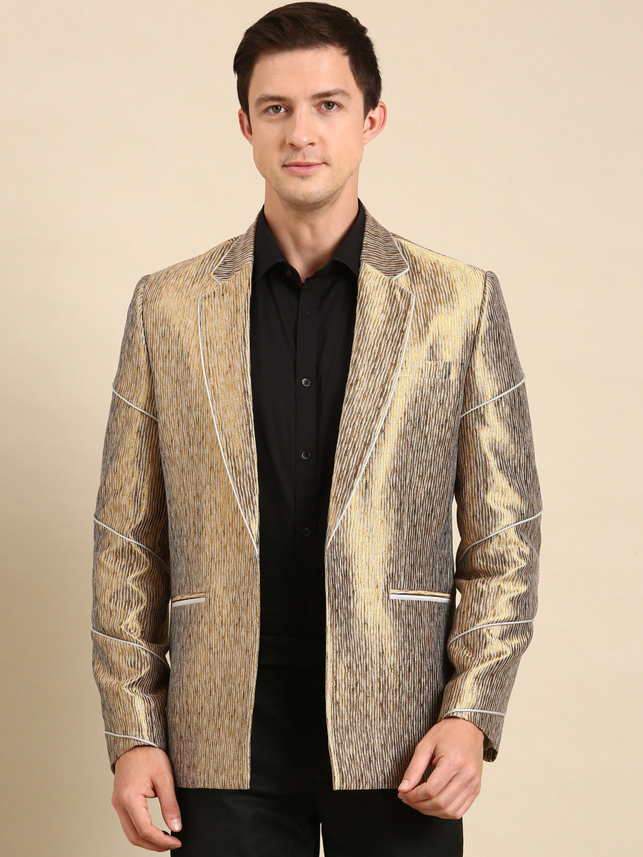 【yu】OVER SHOULDER GOLD BUTTON BLAZER 100 Silk Gold Jacquard Blazer for Men - MMJ0157 – Mayank Modi Fashions