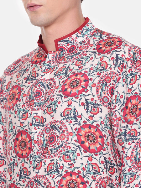 Red Blue Digital Muslin Kurta Set - MMK0577