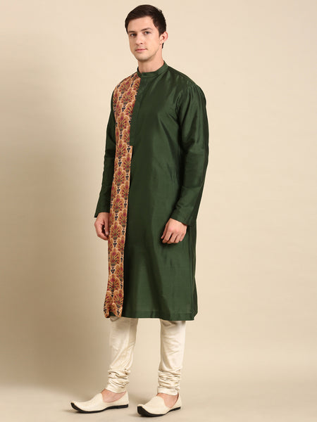 kurta design for men - beige print on green silk muslin