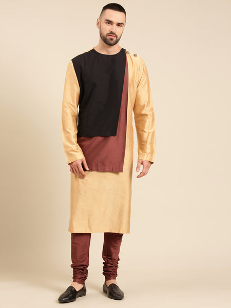 Tri Color Gold Brn Blk Silk Cotton Kurta Set - MMK0600