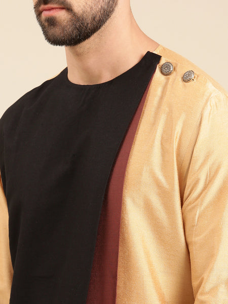 Tri Color Gold Brn Blk Silk Cotton Kurta Set - MMK0600