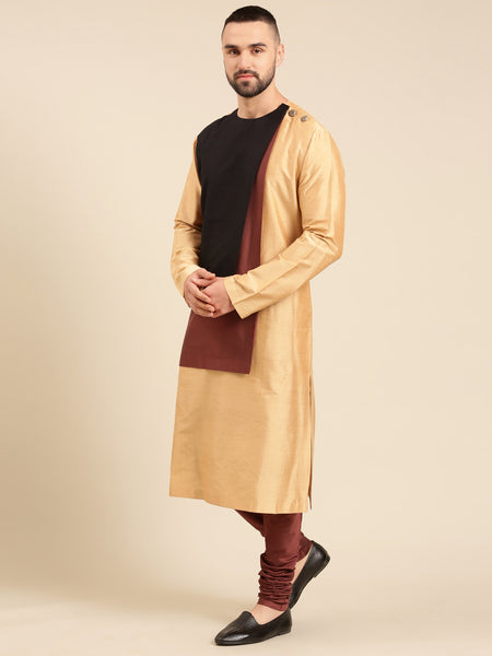 Tri Color Gold Brn Blk Silk Cotton Kurta Set - MMK0600