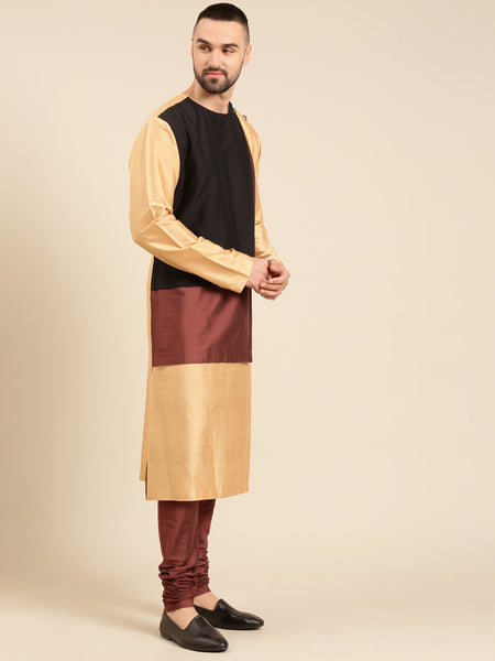Tri Color Gold Brn Blk Silk Cotton Kurta Set - MMK0600