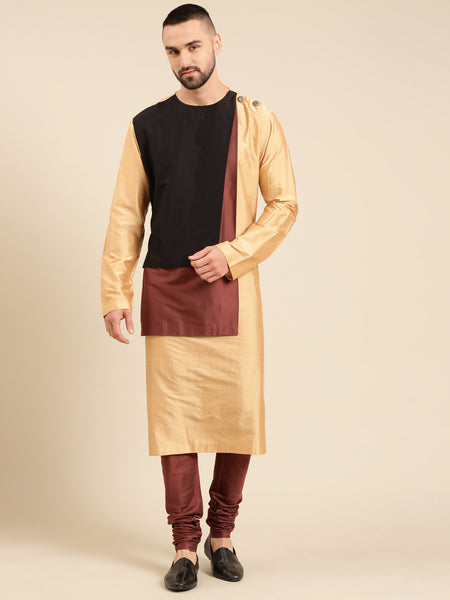Tri Color Gold Brn Blk Silk Cotton Kurta Set - MMK0600