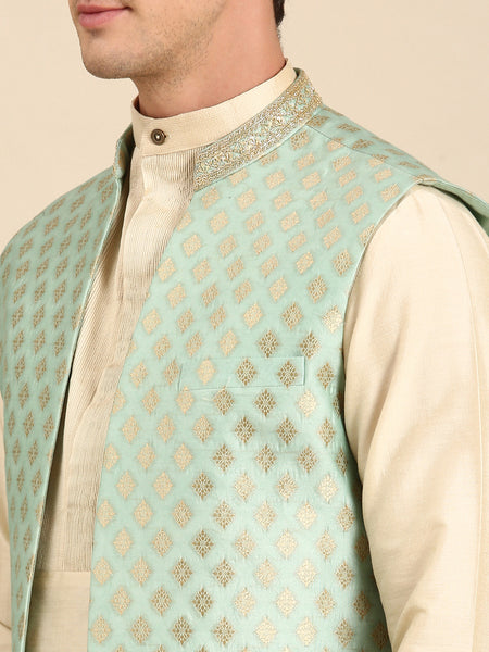 Pista Green Banarasi Silk Jacquard Long  Open Jacket - MMLOJ009