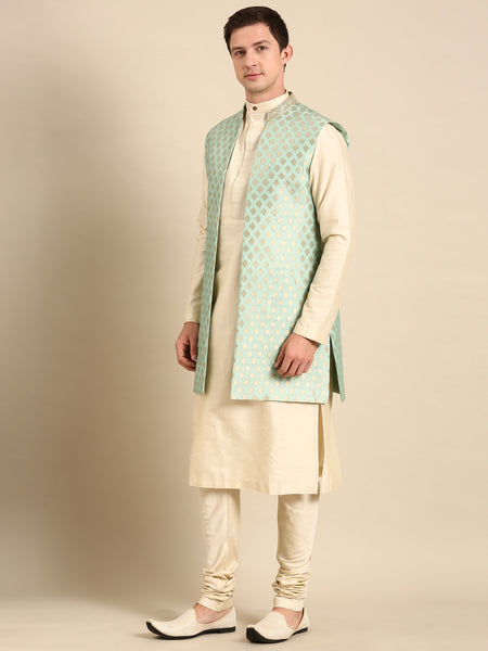 Pista Green Banarasi Silk Jacquard Long  Open Jacket - MMLOJ009
