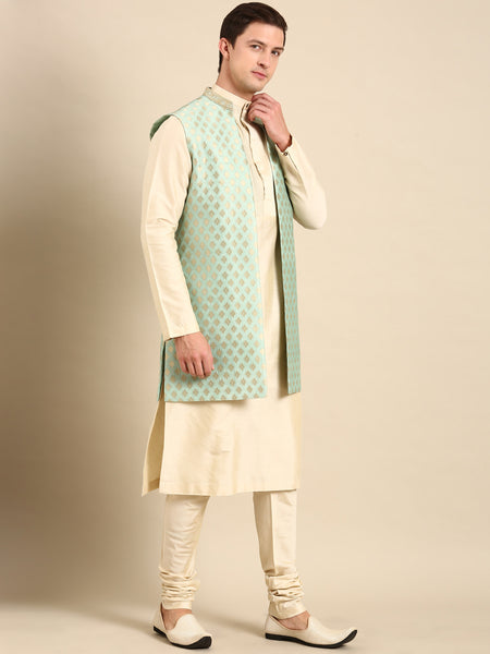 Pista Green Banarasi Silk Jacquard Long  Open Jacket - MMLOJ009