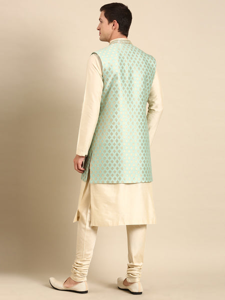 Pista Green Banarasi Silk Jacquard Long  Open Jacket - MMLOJ009