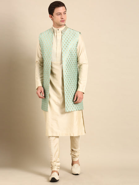 Pista Green Banarasi Silk Jacquard Long  Open Jacket - MMLOJ009