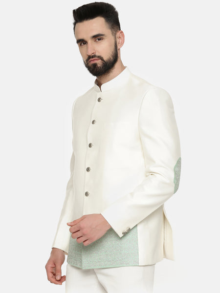 bandhgala suit for men - white with pastel embroidery