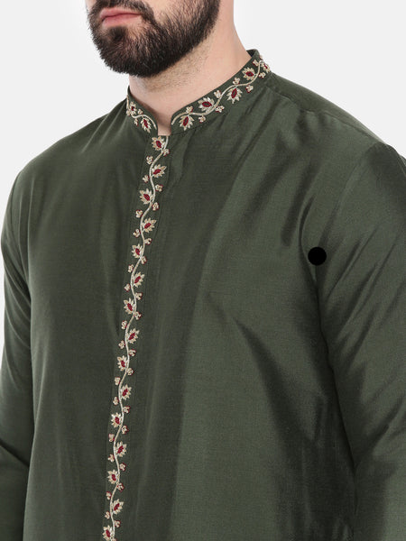 Green Silk Embroidered Kurta Set - MMK0554