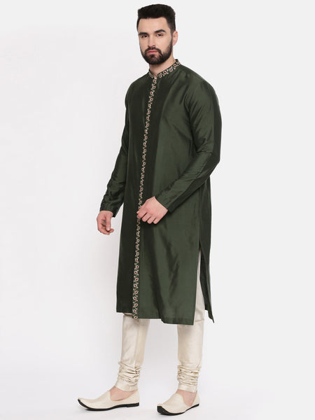 Green Silk Embroidered Kurta Set - MMK0554