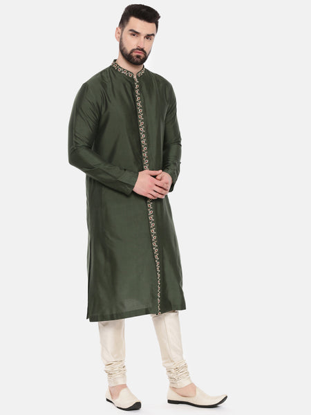 Green Silk Embroidered Kurta Set - MMK0554