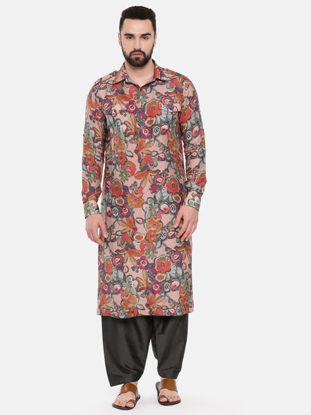 mauve and charcoal digital print kurta for men