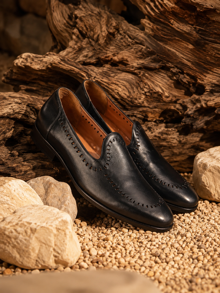 Black Men's Leather Slip On Shoes - MMFT014