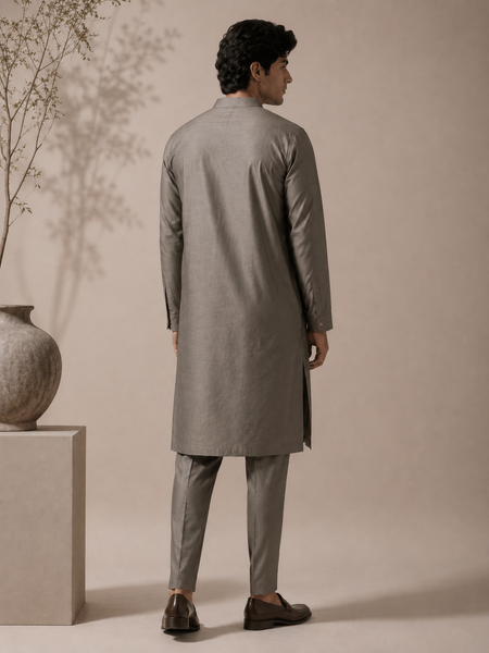 Grey Bemberg Silk Kurta Set (Muted Ganache & Shimmering Chestnut) - MMKCUS001