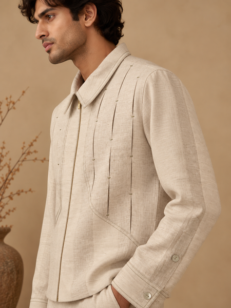 Beige Linen Bomber Jacket (The Toasted Oat) - MMBJ061