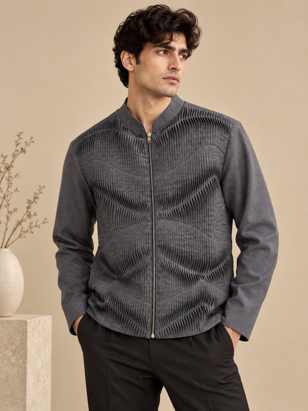 Charcoal Grey malai Cotton Bomber Jacket (The Slate Grey Origami) - MMBJ056