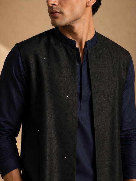 Black Bemberg Silk Short Open Jacket (The Midnight Starlight) - MMSOJCUS001