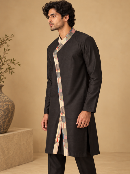 Black Bemberg Silk Kurta Set (The Midnight Geometry) - MMK0685