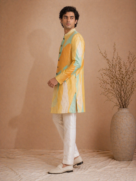 Yellow Printed Muslin Sherwani (Digital Noir) - MMSHR057