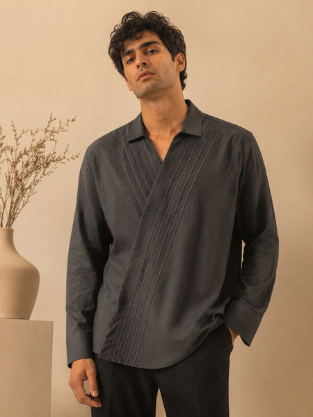 Grey Malai Cotton Shirt (Charcoal Pleated Wrap) - MM0937