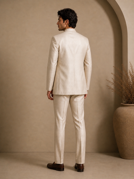 Beige Bemberg Silk Bandhgala (Salted Cream Earth Float) - MMJ0175