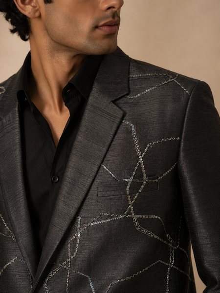 Black Bemberg Silk Blazer (The Midnight Constellation) - MMJ0167