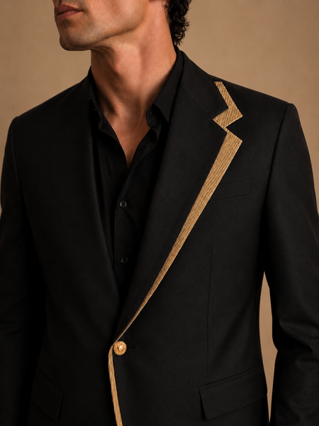 Black & Gold Silk Cotton Blazer (Velvet Coal & Maple-Drizzle Float) - MMJ0176