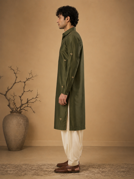 Olive Green Cotton Silk Kurta Set (Forest Gold Dragonfly) - MMKCUS003
