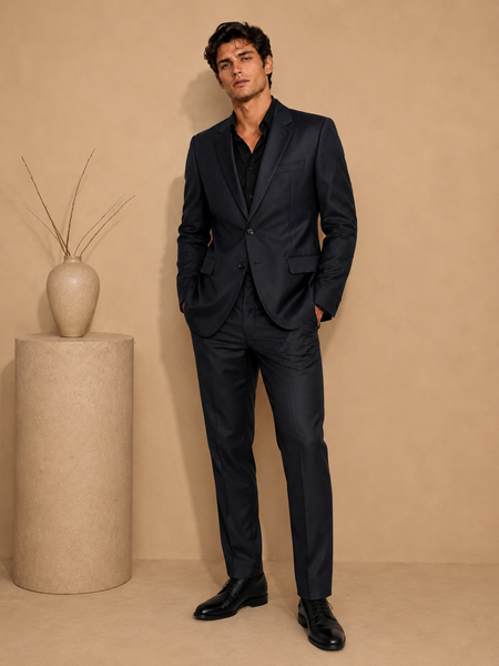 Midnight Blue Italian Wool Blazer & Pant Set (Deep Indigo Cacao & Brass Float) - MMJCUS007