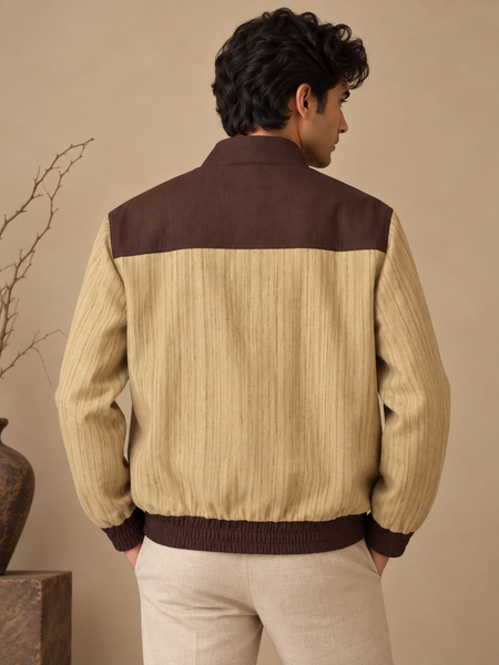 Chestnut Brown & Beige Matka Cotton Bomber Jacket (The Roasted Espresso & Oat) - MMBJ060
