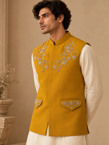 Mustard Yellow Cotton/Silk Modi Jacket (The Golden Turmeric) - MMWC0251