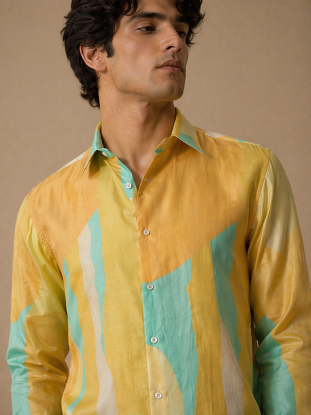 Yellow & Blue Muslin Printed Shirt (Teal Nectar Meridian)- MM0927