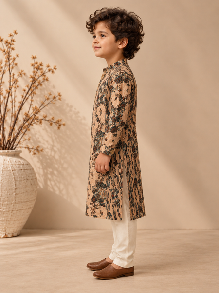 Beige Printed Chanderi kurta Set (The Toasted Cereal Flora) - MMKWCUS012