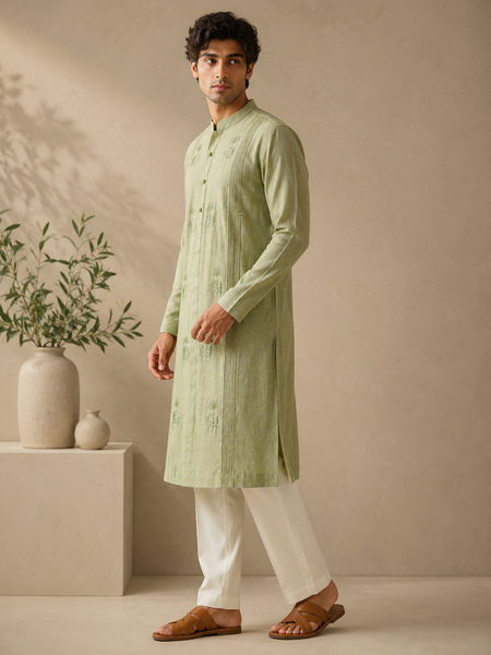 Green & Yellow 100% Linen Kurta Set (The Matcha & Wild Meadow) - MMK0678