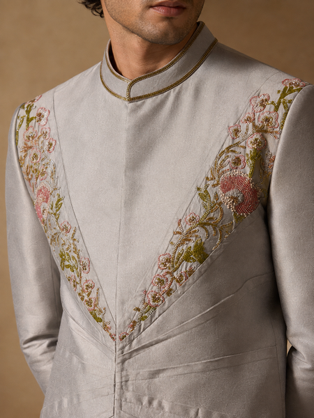 Silver Grey Cotton/Silk Sherwani (Muted Platinum & Peach Blossom) - MMSHR058