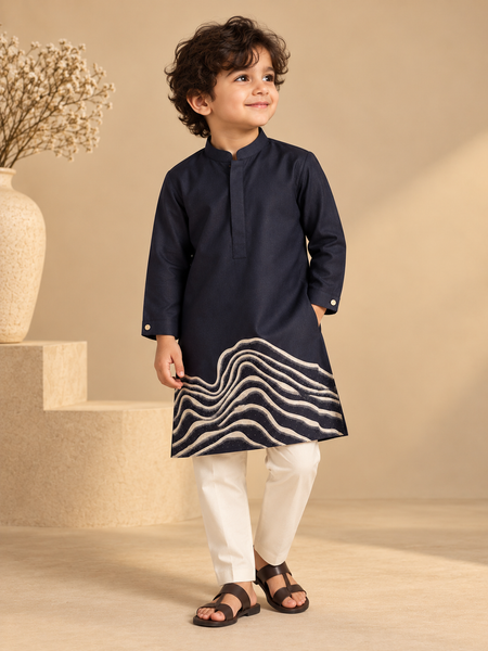 Navy Blue & Ivory Cotton/Silk Kurta Set (The Little Midnight Crest) - MMKWCUS004