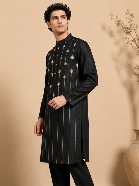 Black Bemberg Silk Kurta Set (Velvet Coal & Gold-Leaf Float)- MMK0668