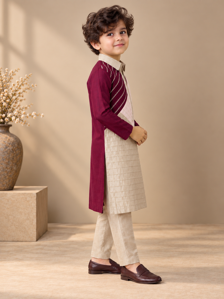 Wine, Pink & Silver Grey Bemberg Silk Kurta Set (The Little Prism) - MMKWCUS008