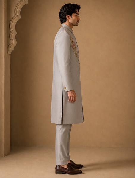 Silver Grey Cotton/Silk Sherwani (Muted Platinum & Peach Blossom) - MMSHR058
