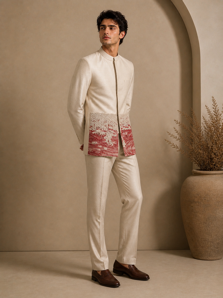 Beige Bemberg Silk Bandhgala (Salted Cream Earth Float) - MMJ0175
