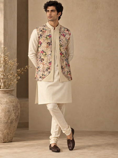 Beige Floral Silk/Cotton/Chanderi Short Open Jacket (The Spring Bloom) - MMSOJ030