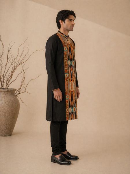 Black Bemberg Silk/Muslin Kurta Set (Burnt Toffee Shadow Float) - MMK0658