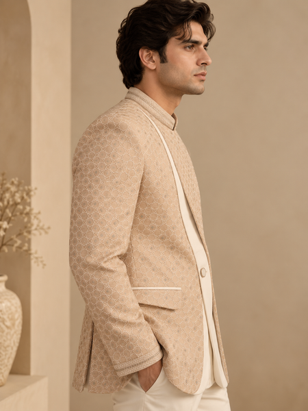 Champagne Sand Chanderi Embroidered Bandhgala - MMJ0179