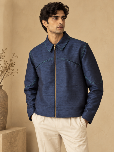Indigo Bemberg Silk Bomber Jacket (The Blue Iris) - MMBJ059