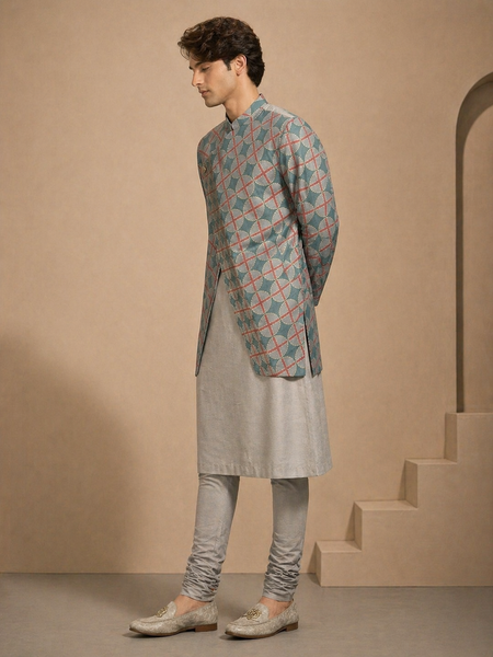 Blue/Grey Muslin Kurta Set (Double-Layer Prism) - MMK0666