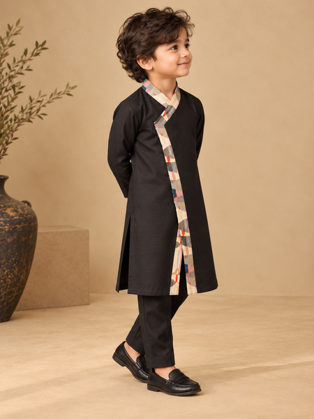 Black Bemberg Silk Kurta Set (The Midnight Geometry) - MMKWCUS005